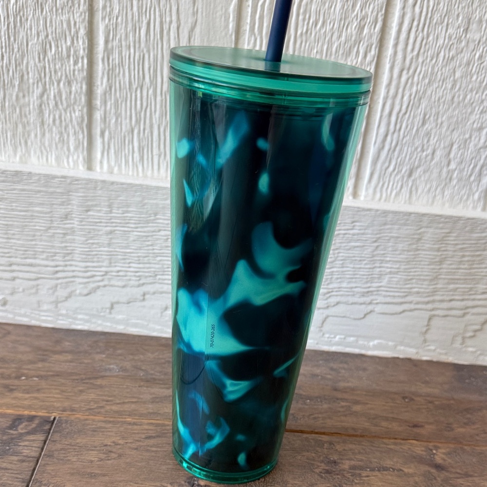 Starbucks Blue Green Teal tortoise tie dye watercolor 24 oz Tumbler with Straw - Picture 4 of 11